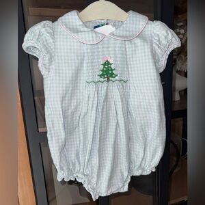 Christmas tree smocked bubble short sleeve romper gingham collar baby girl bow